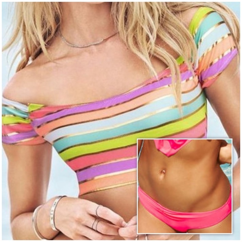🌞 NWOT VS 2-Piece Set Rainbow Soiree Foil Gold Stripe Off-Shoulder Swimsuit